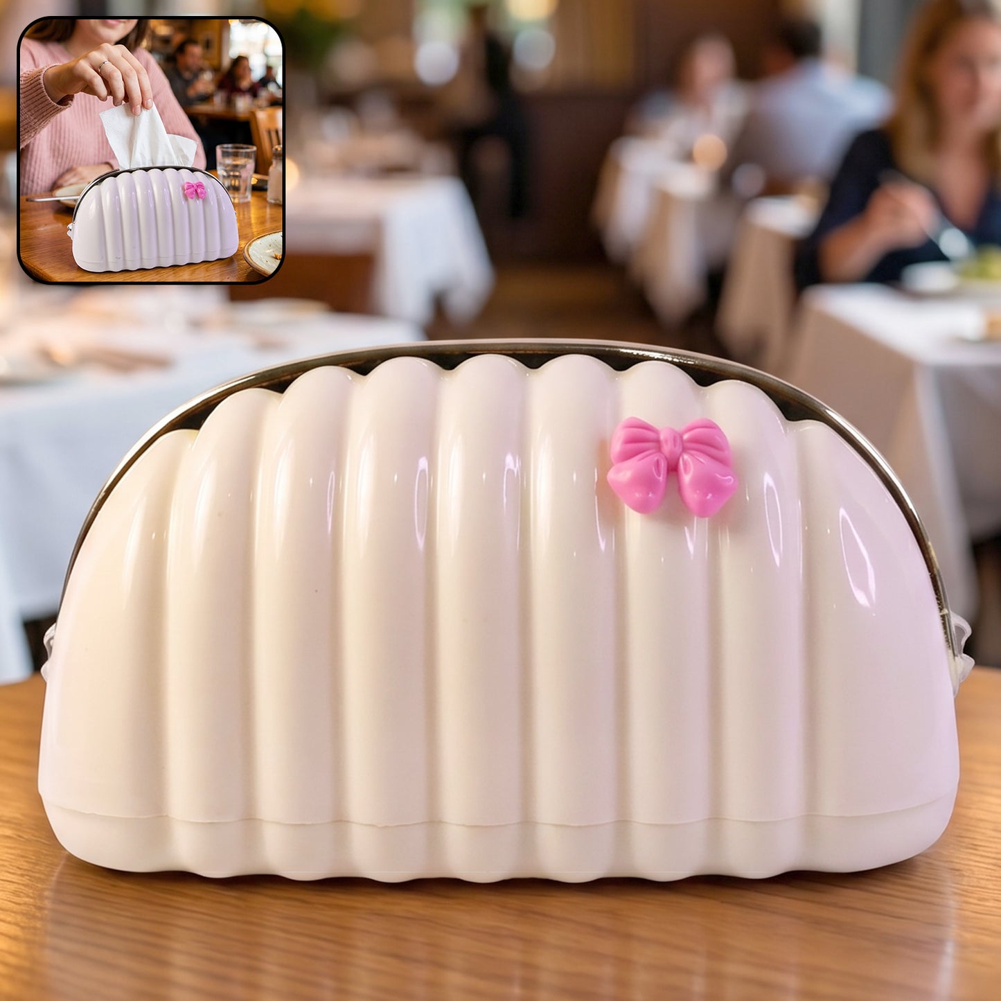 Shell Shape Tissue Dispenser with Pink Bow – Decorative Napkin Holder