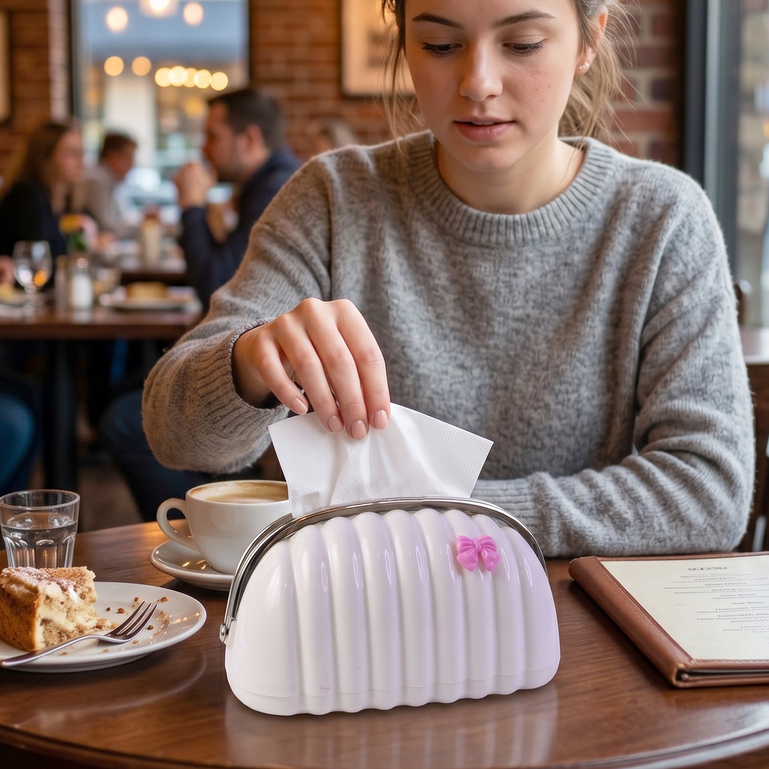 Handbag shaped tissue dispenser featuring a pink bow