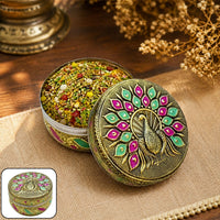 Luxury Handcrafted Stainless Steel Storage Box with Gold Meena & Embossed Peacock Design Lid – Festive Gift Box