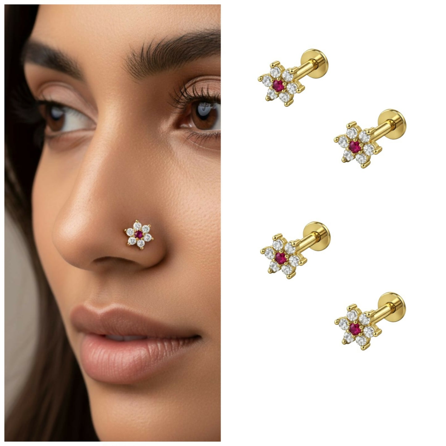 Gold plated floral crystal labret piercing stud with ruby-red center and sparkling petals