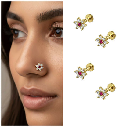Gold plated floral crystal labret piercing stud with ruby-red center and sparkling petals