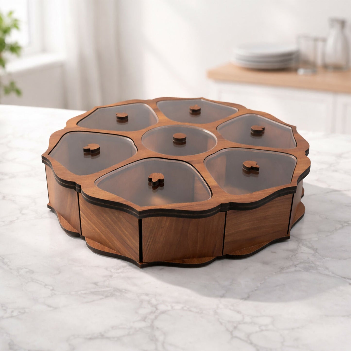 Top view of dry fruit organizer highlighting clear lids and wooden sections