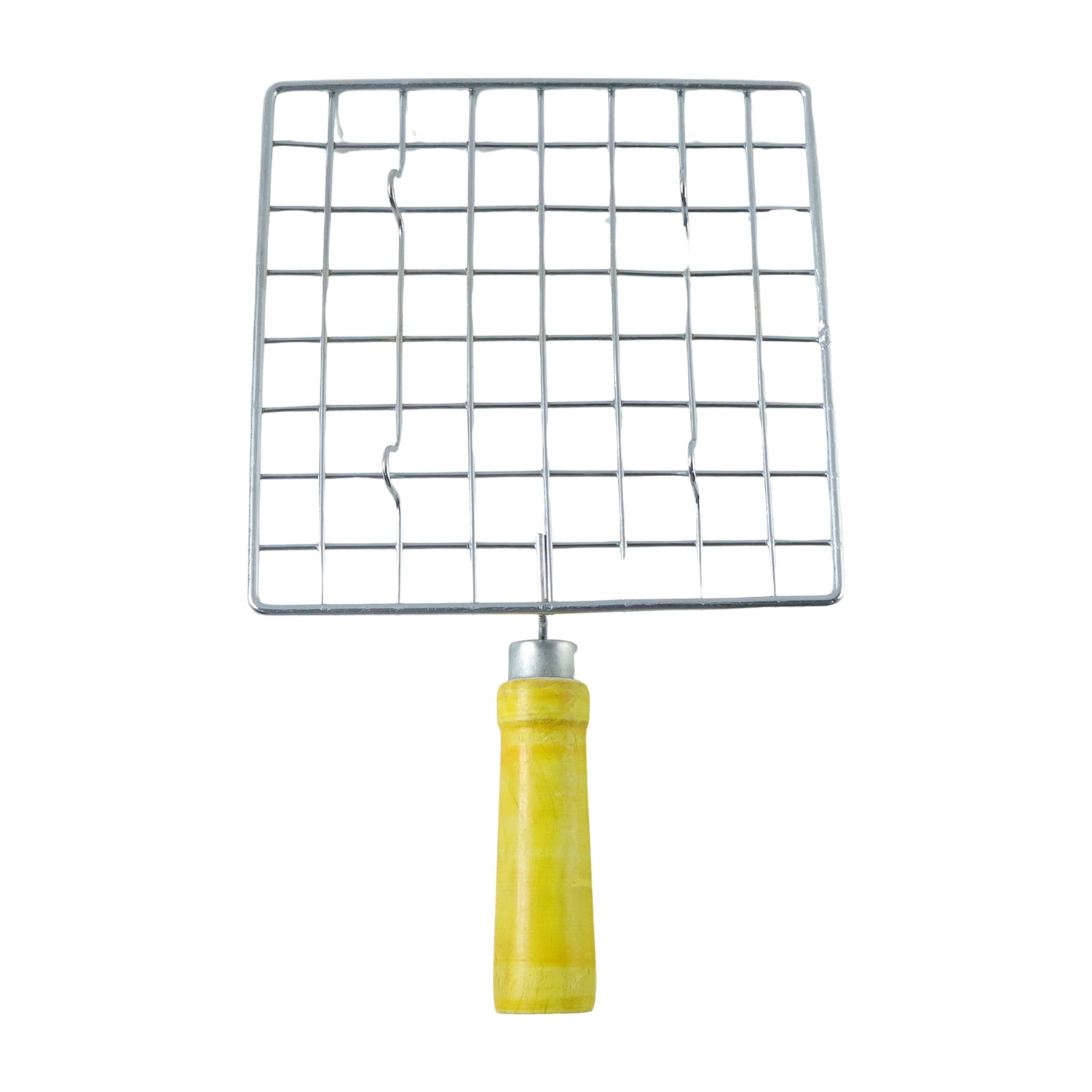Stainless steel roaster jali held by hand showing wooden handle