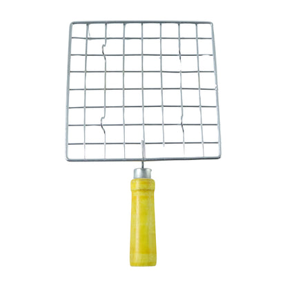 Stainless steel roaster jali held by hand showing wooden handle