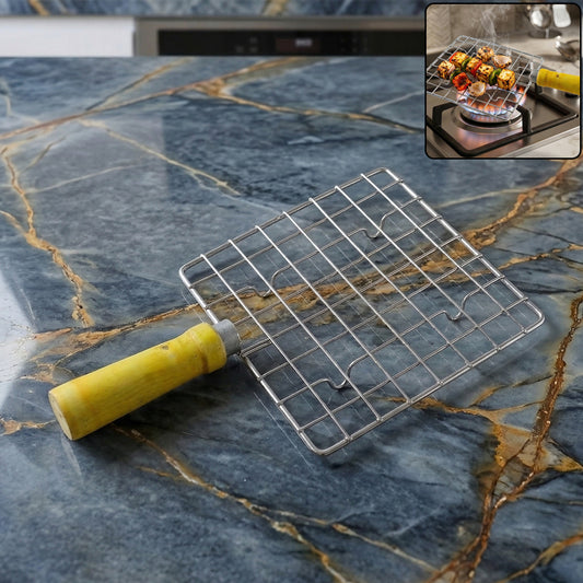 Kitchen Square Stainless Steel Roaster Jali, Barbecue Grill with Wooden Handle