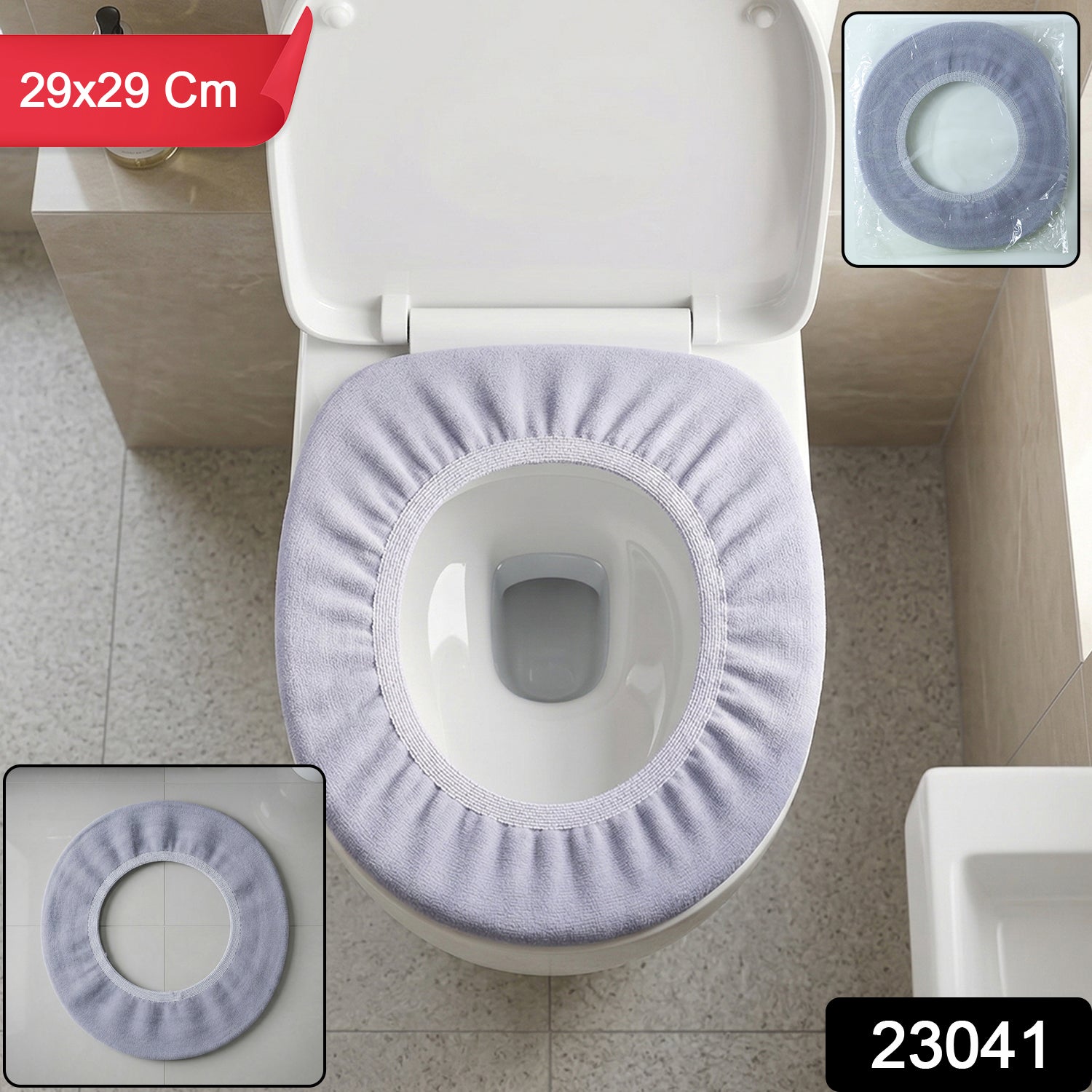 White toilet seat cover stretched on toilet seat