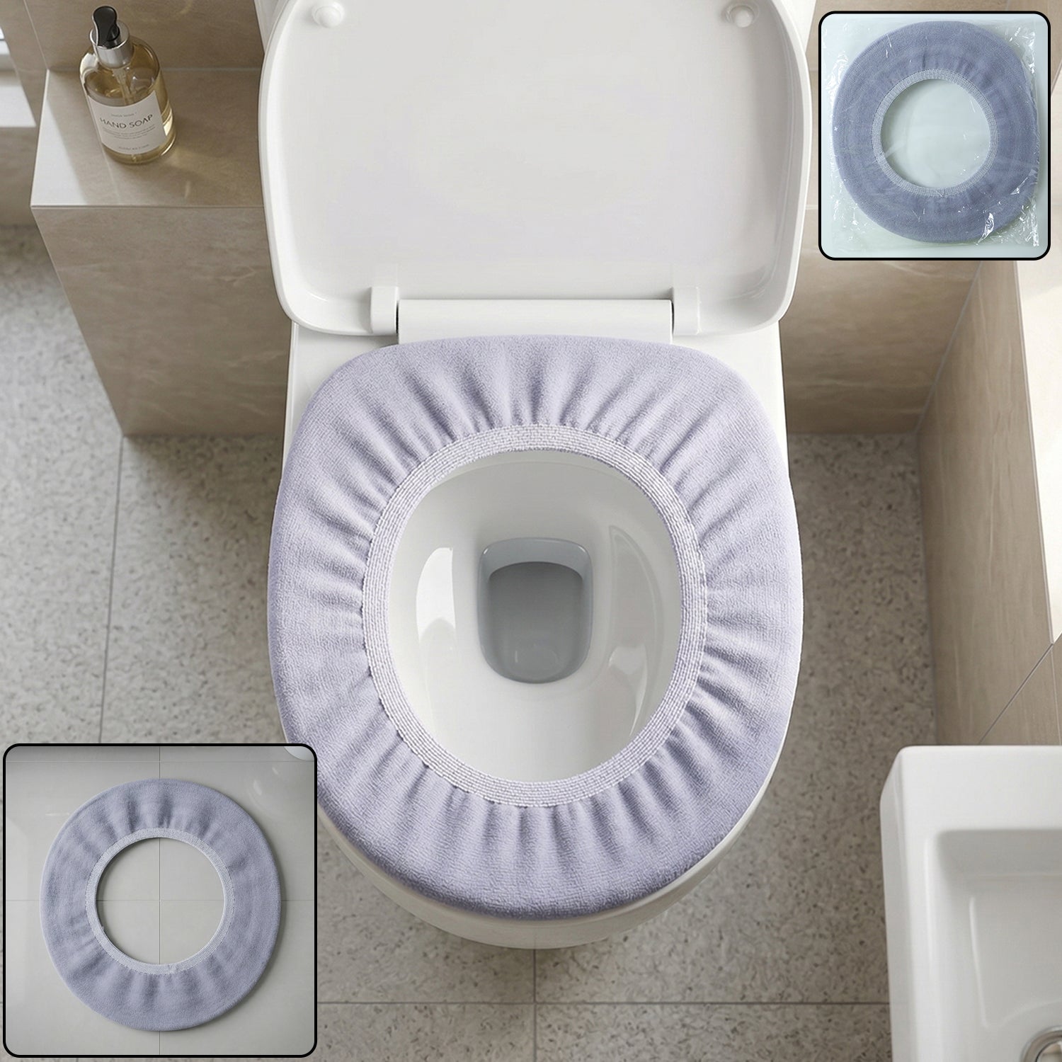 Soft fabric elastic toilet seat cover on toilet