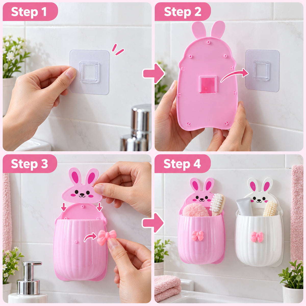 Four-step visual guide demonstrating how to assemble and mount the pink rabbit organizer on a bathroom wall.