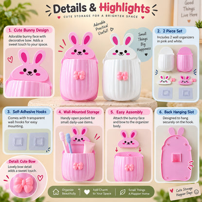 Infographic detailing features of the rabbit organizers, including design, two-piece set, hooks, and assembly.