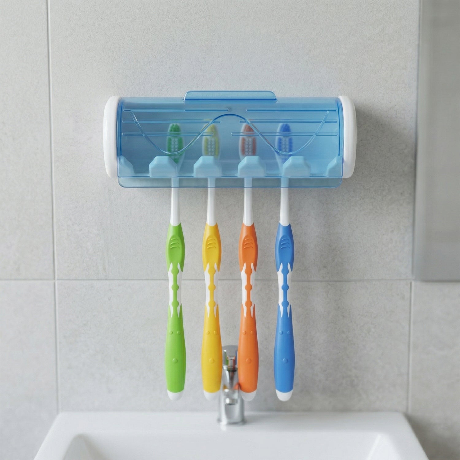 Toothbrush holder showing multiple toothbrushes stored