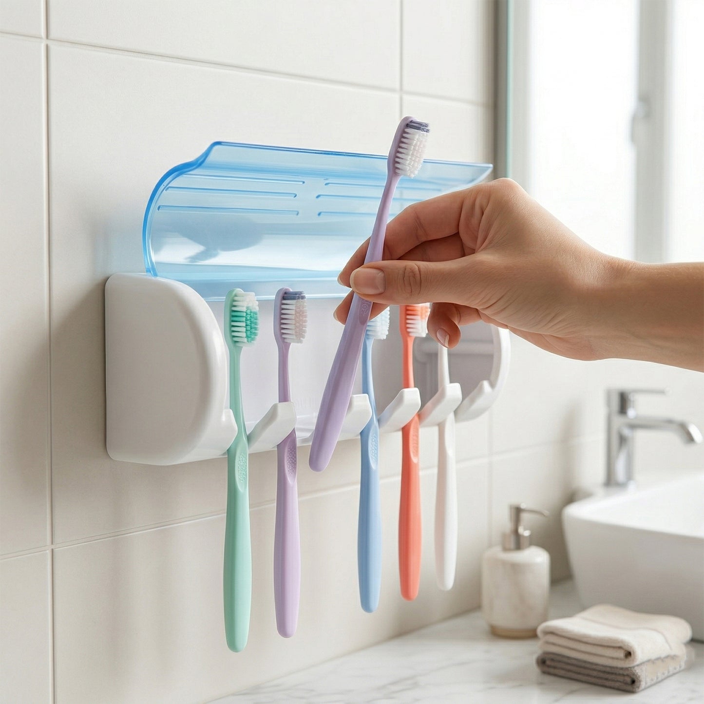Wall mounted toothbrush holder installed in bathroom