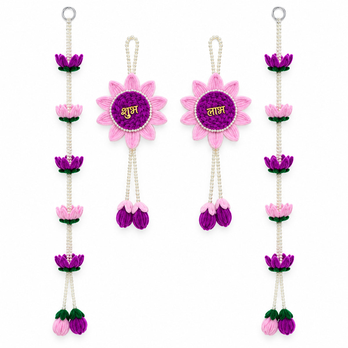 Four pink and purple lotus flower hangings with pearl beads on a pure white background.