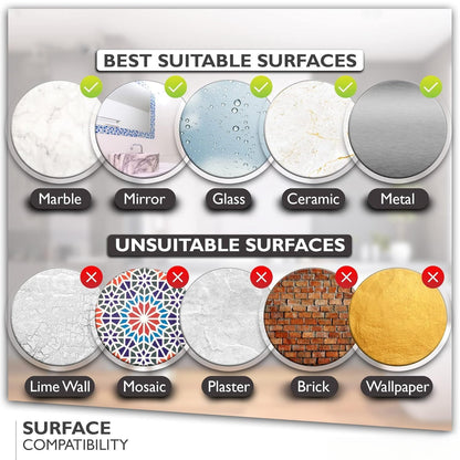 A diagram showing suitable surfaces like marble, mirror, glass, ceramic, and metal, and unsuitable surfaces like lime wall,
