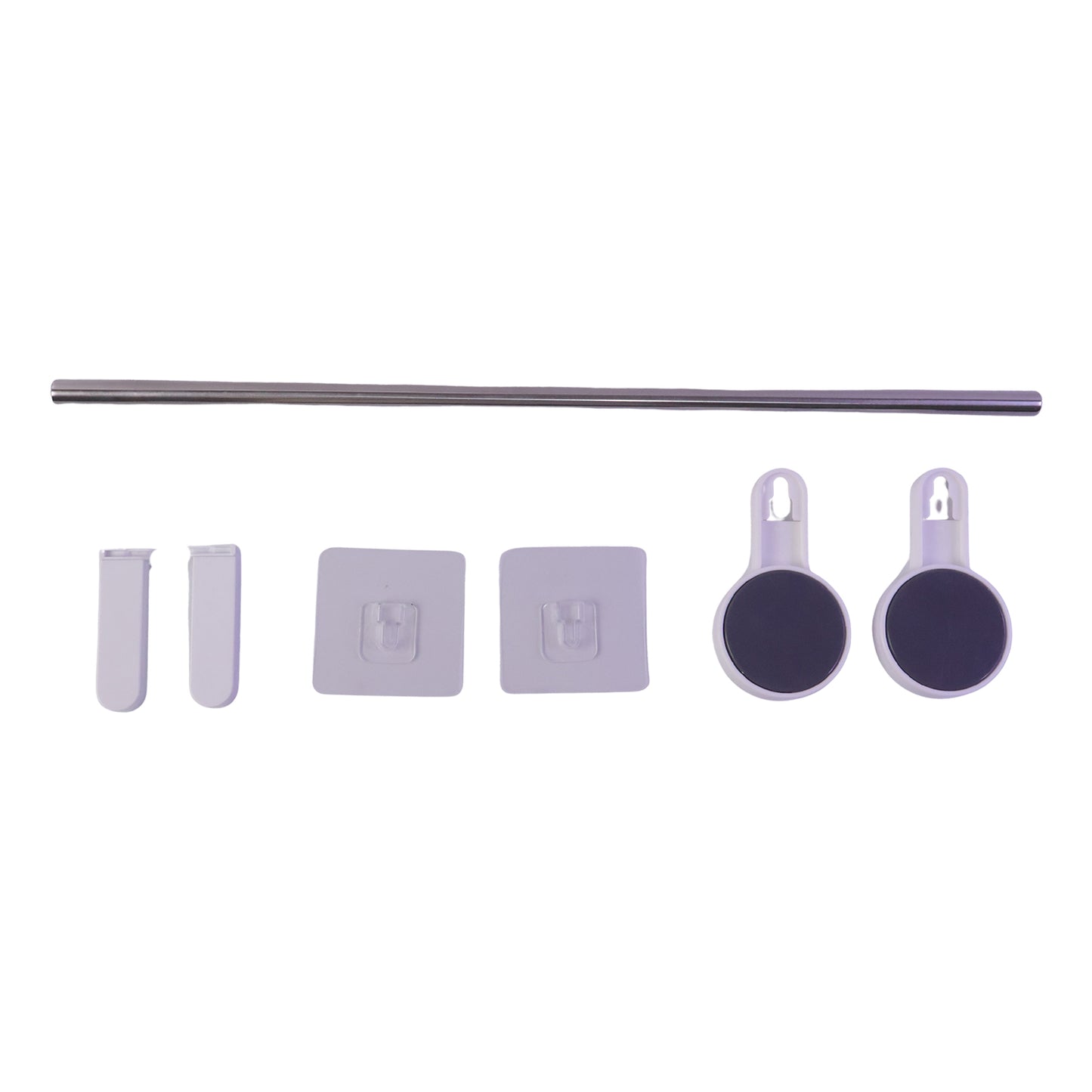 All components of the towel rod set are laid out on a white background: a silver rod, two white end pieces, two clear