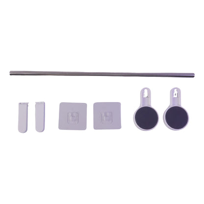 All components of the towel rod set are laid out on a white background: a silver rod, two white end pieces, two clear
