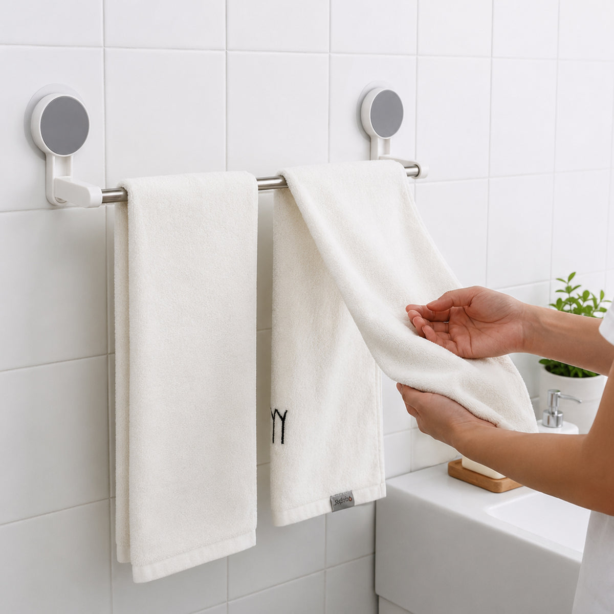 A person hangs a white towel on a silver self-adhesive towel rod in a white tiled bathroom, with a plant and soap dispenser