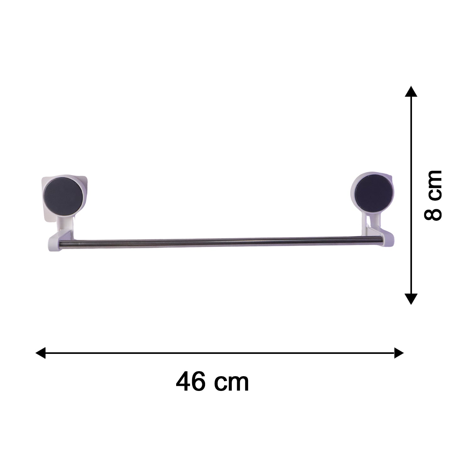 A diagram showing the assembled towel rod with dimensions: 46 cm long and 8 cm high.