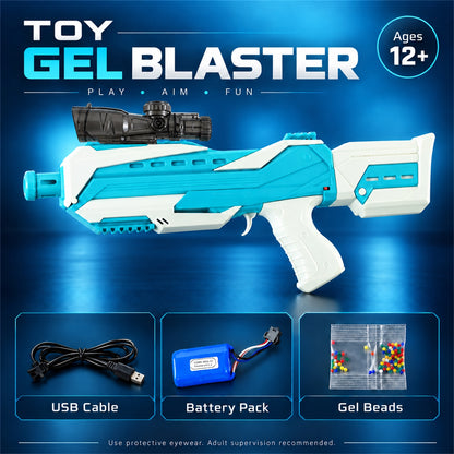 A blue and white gel blaster with a scope, a USB cable, a battery pack, and gel beads on a blue background.