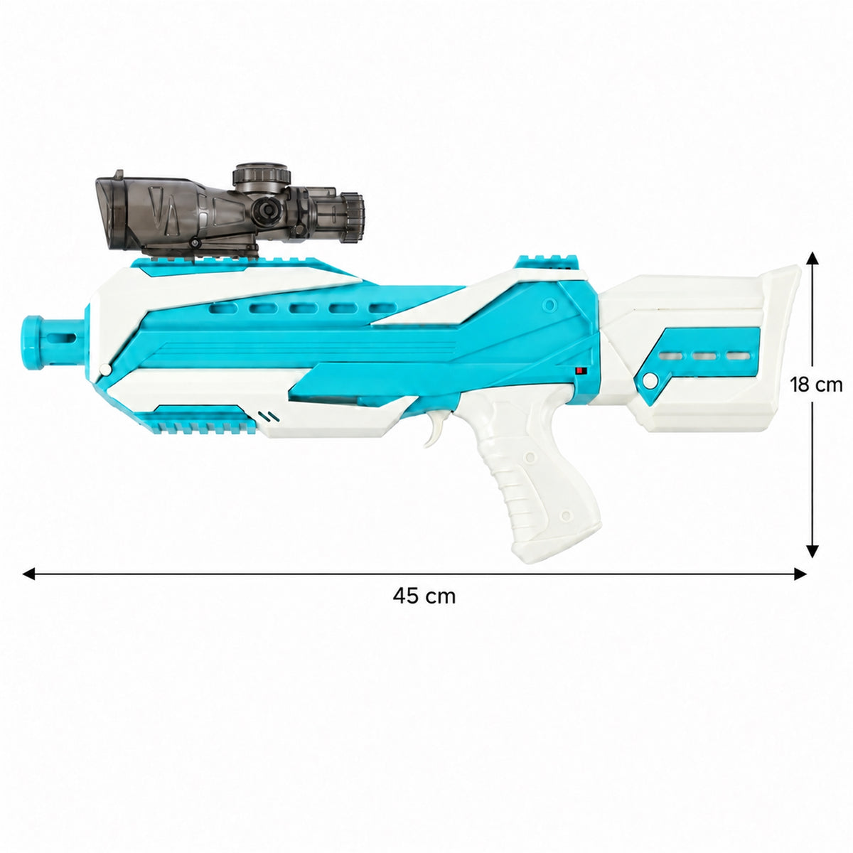 A side view of the blue and white gel blaster with a scope, showing its dimensions of 45 cm length and 18 cm height.