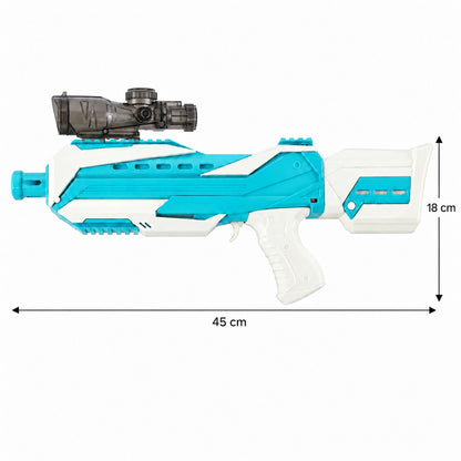 A side view of the blue and white gel blaster with a scope, showing its dimensions of 45 cm length and 18 cm height.