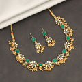 Gold-Plated Green Enamel Lotus Choker with Pearl Drops
