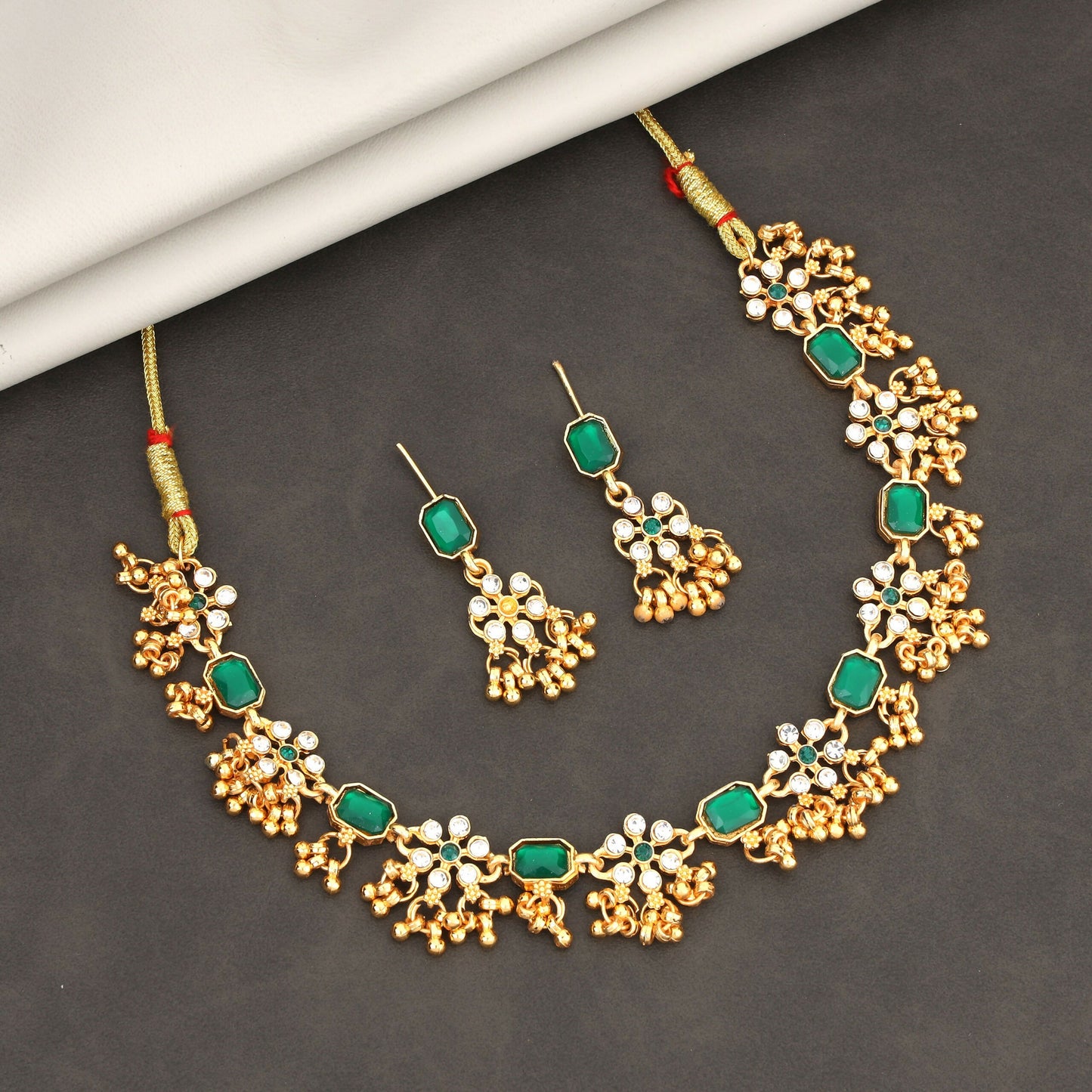 Traditional Gold-Plated Green Enamel Lotus Choker with Pearl Drops