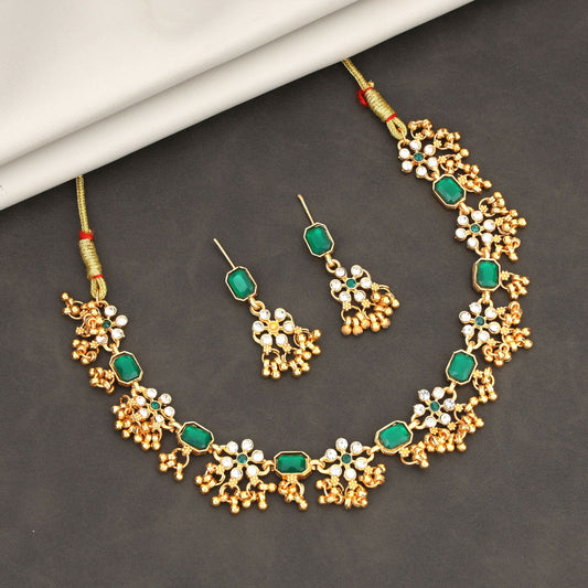 Traditional Gold-Plated Green Enamel Lotus Choker with Pearl Drops
