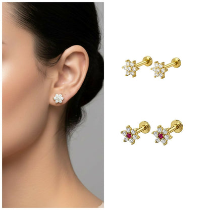Close-up of gold plated flower stud earrings with clear cubic zirconia stones all-crystal variant