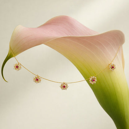 Ruby Blossom Floral Necklace Elegant Golden Petal Design Stylish Chain Jewelry