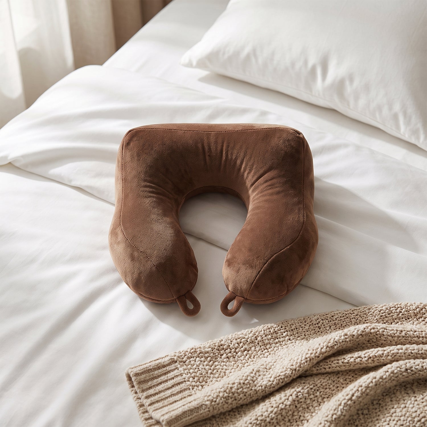 U-Shaped Travel Neck Pillow for Men & Women | Soft Plush Neck Support Pillow for Car, Flight, Train & Bus Travel, Compact Portable Cushion for Head, Neck & Chin Support, Brown, 1 Pc - Brown - Image 3