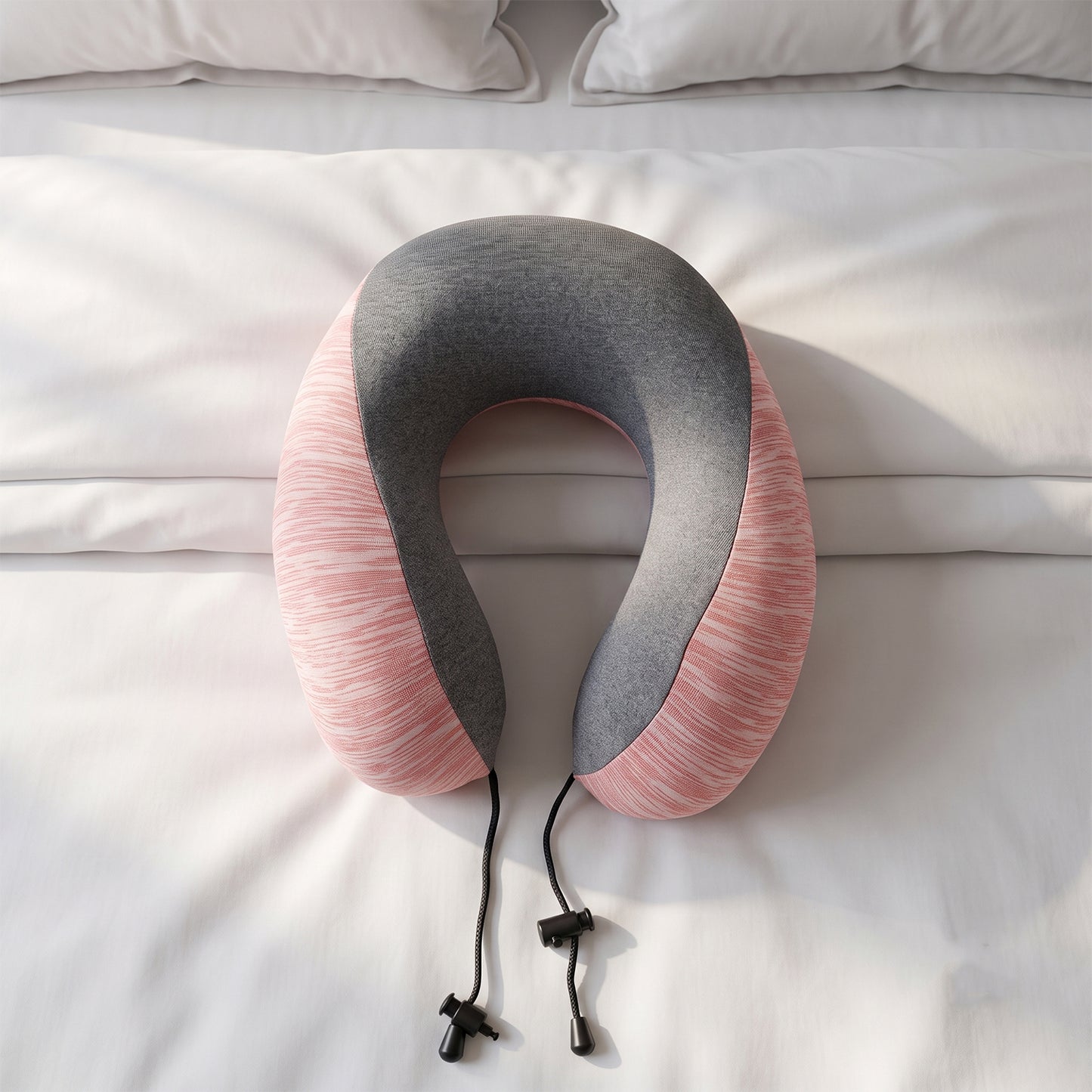 U Shaped Travel Neck Pillow Pink Grey with Drawstring Toggle (1 Pc)