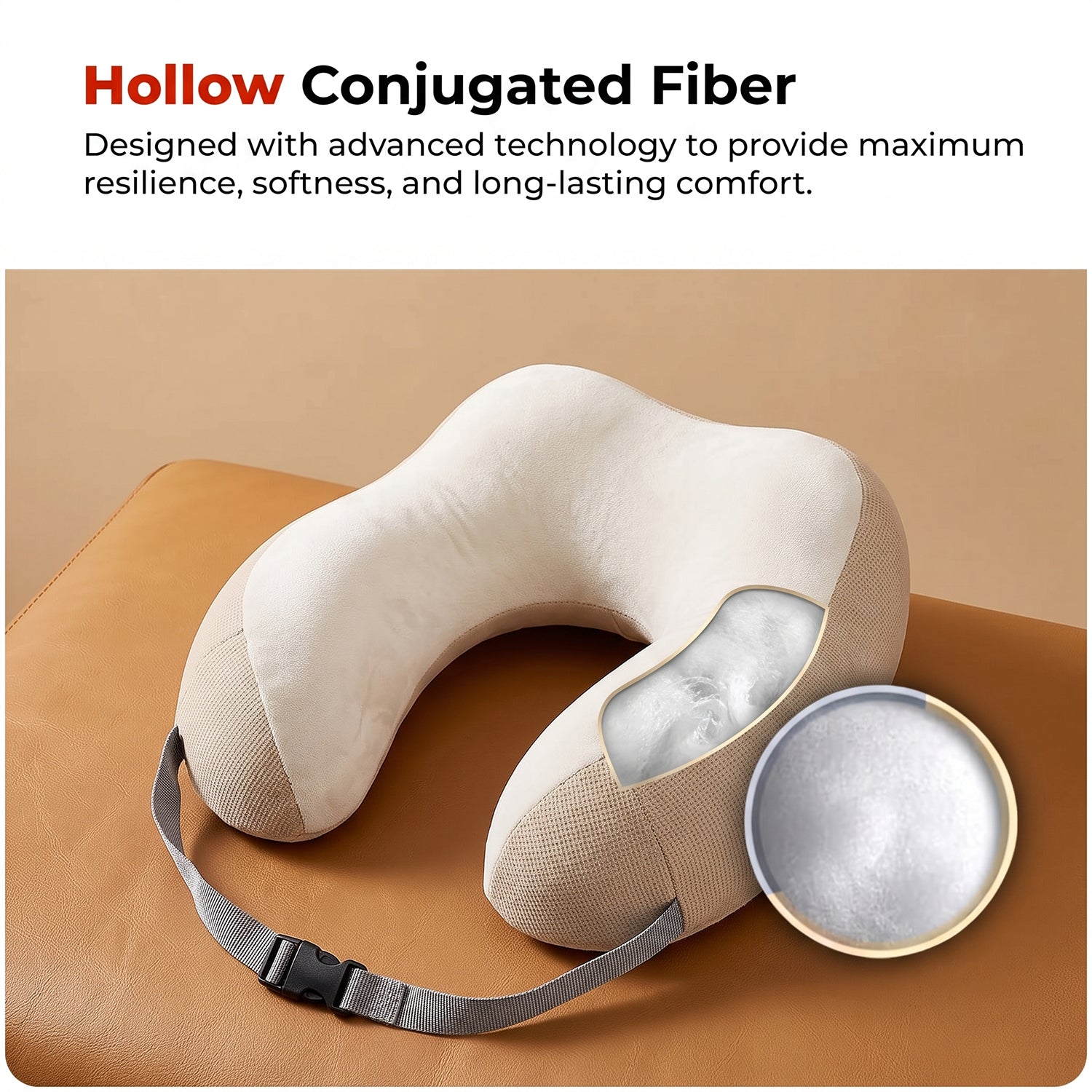 U Shaped Memory Foam Travel Neck Pillow Beige with Buckle Strap (1 Pc)