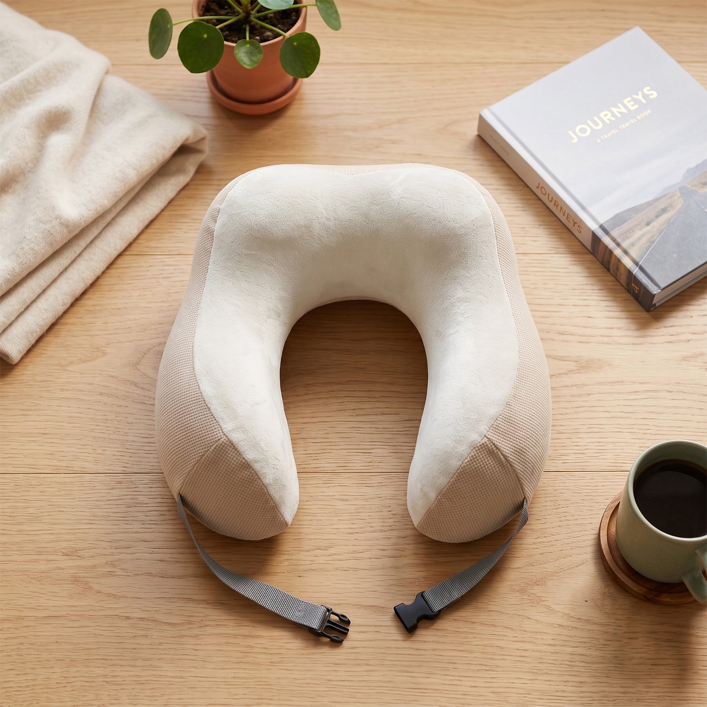 U Shaped Memory Foam Travel Neck Pillow Beige with Buckle Strap (1 Pc)