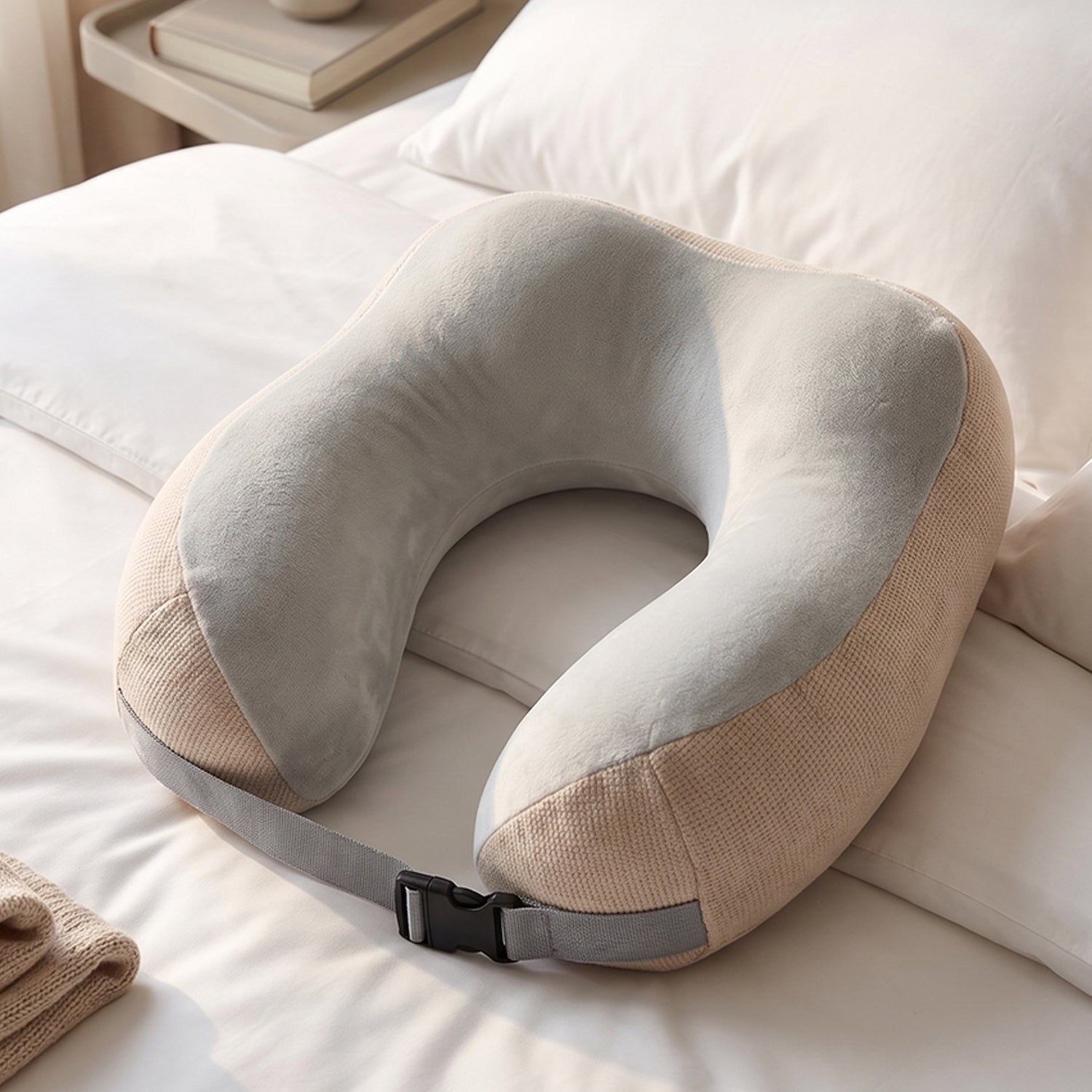 U Shaped Memory Foam Travel Neck Pillow Beige with Buckle Strap (1 Pc)