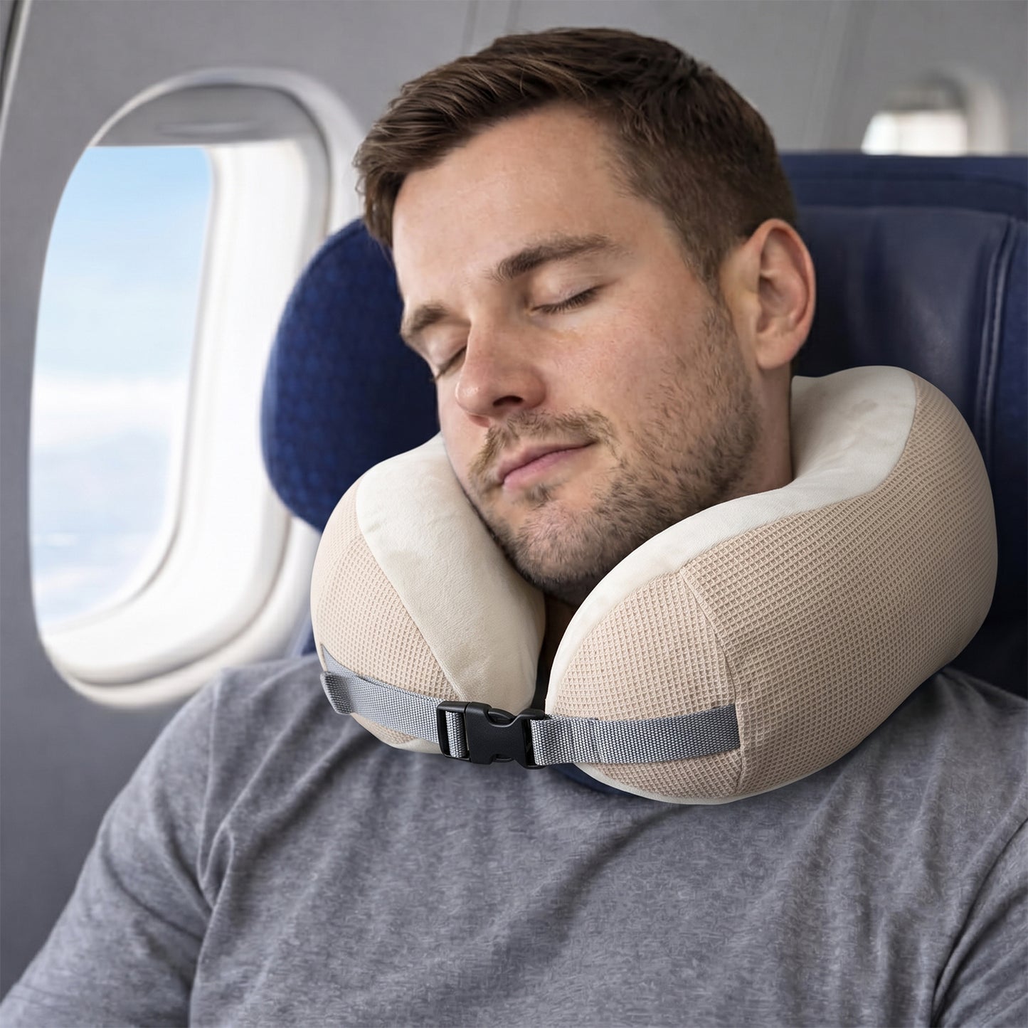 U Shaped Memory Foam Travel Neck Pillow Beige with Buckle Strap (1 Pc)