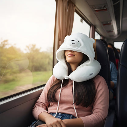 U Shaped Hooded Neck Pillow White Bear Travel Pillow with Hood Cap (1 Pc)