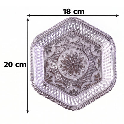 Stylish silver serving platter with lattice border for elegant table presentation