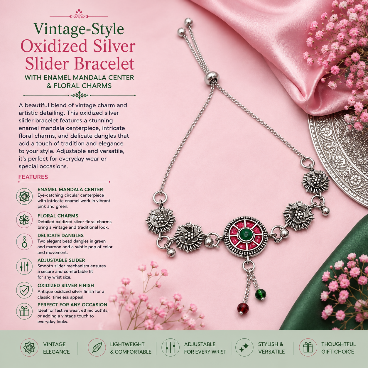 The oxidized silver bracelet with a red and green enamel mandala is displayed on a pink surface with text describing its
