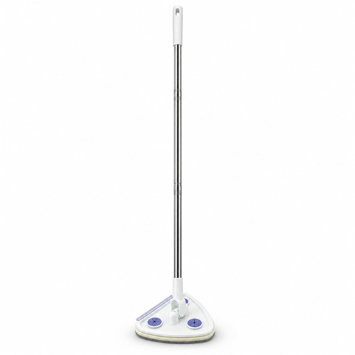 A white and silver triangular mop with a long handle stands centered against a plain white background.