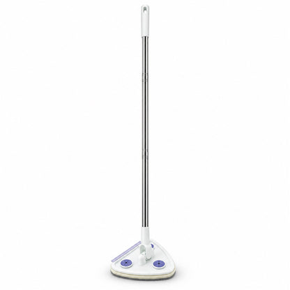 A white and silver triangular mop with a long handle stands centered against a plain white background.