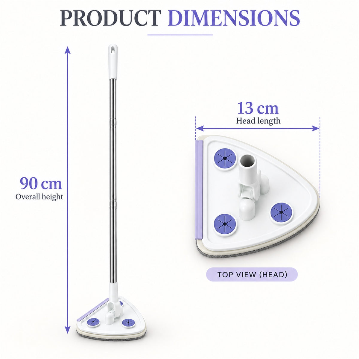 A white triangular mop with a silver handle and its head are displayed with dimensions of 90 cm height and 13 cm head length.