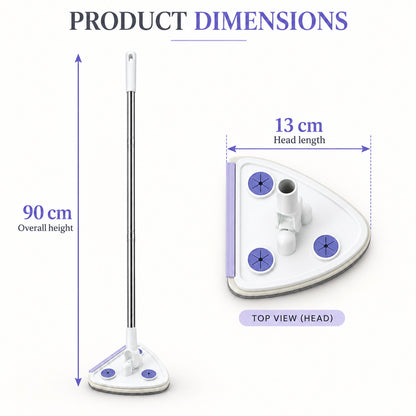 A white triangular mop with a silver handle and its head are displayed with dimensions of 90 cm height and 13 cm head length.