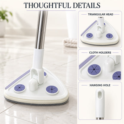 Close-up views of the white triangular mop head, cloth holders, and hanging hole on the handle.