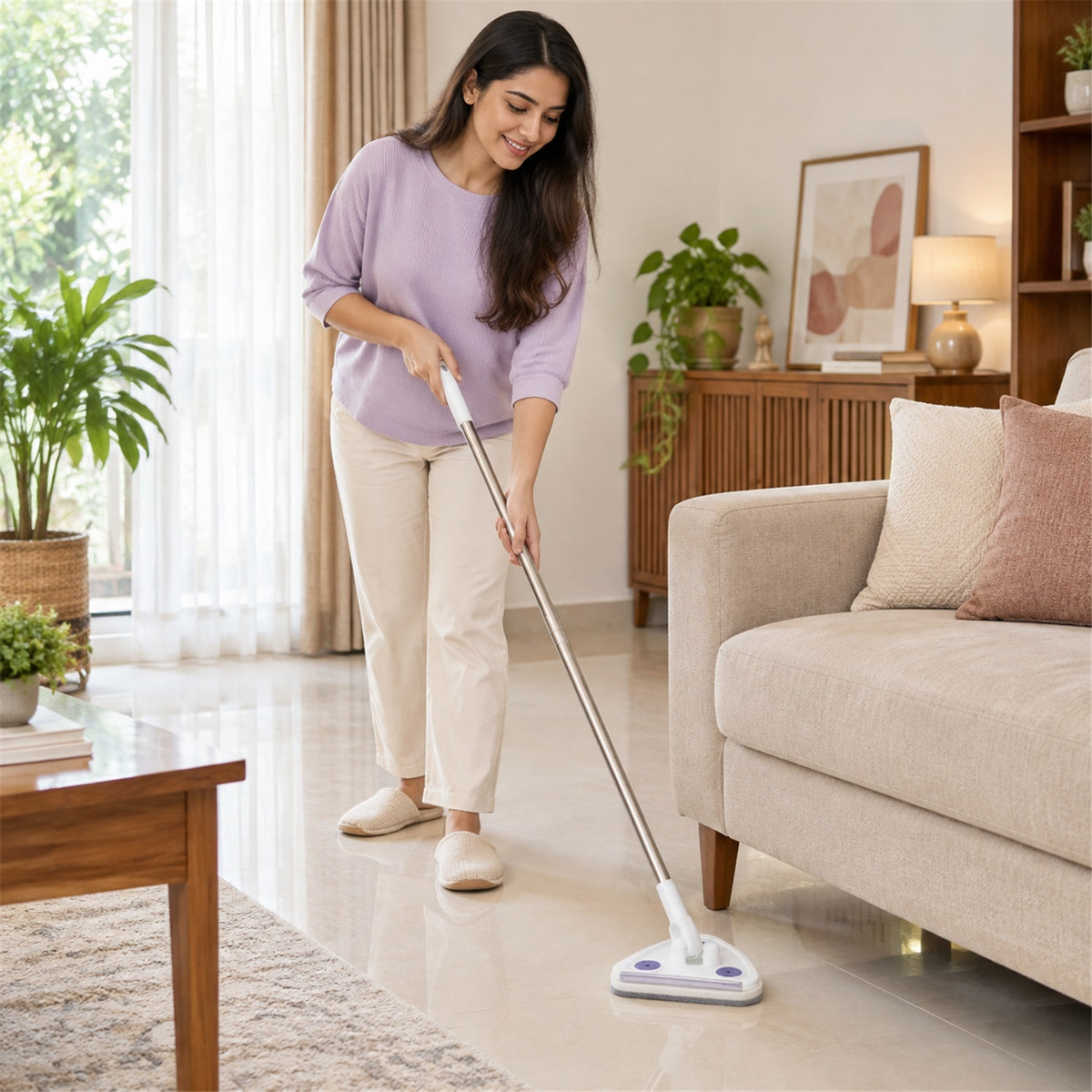 A woman in a purple top and light pants mops a tiled living room floor with a white and silver triangular mop.