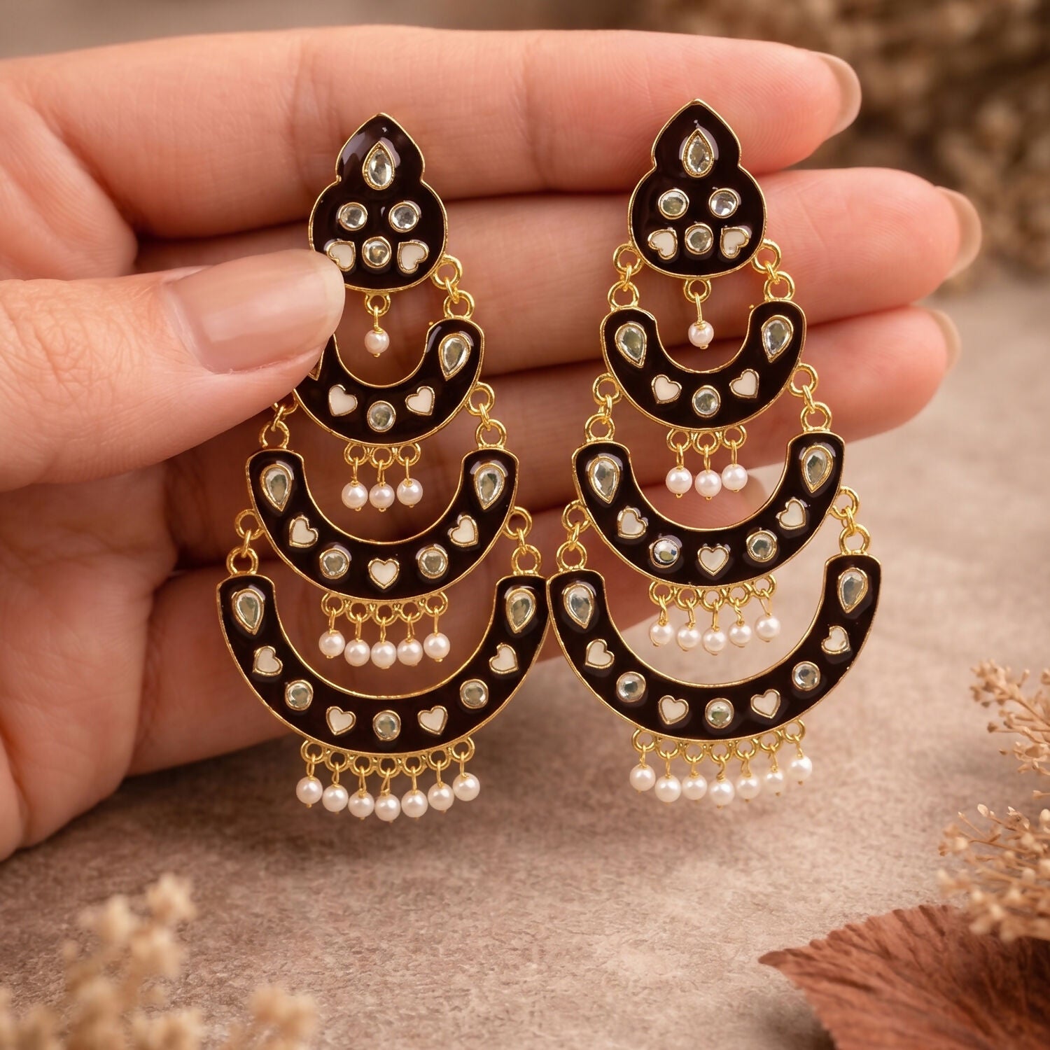 Heavy Maroon Layered Chandbali Earrings with Pearl Drops