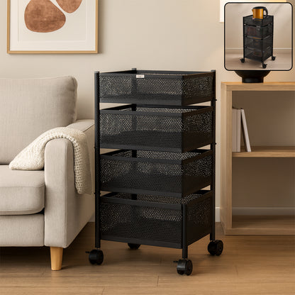 KitchKing 4 Layer Square Metal Mesh Storage Trolley with Wheels – Multi-Purpose Movable Organizer Rack (Black)