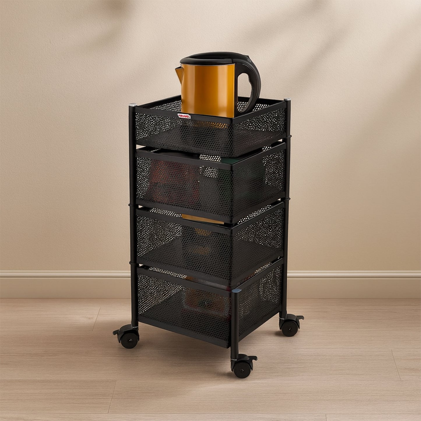 KitchKing 4 Layer Square Metal Mesh Storage Trolley with Wheels – Multi-Purpose Movable Organizer Rack (Black)