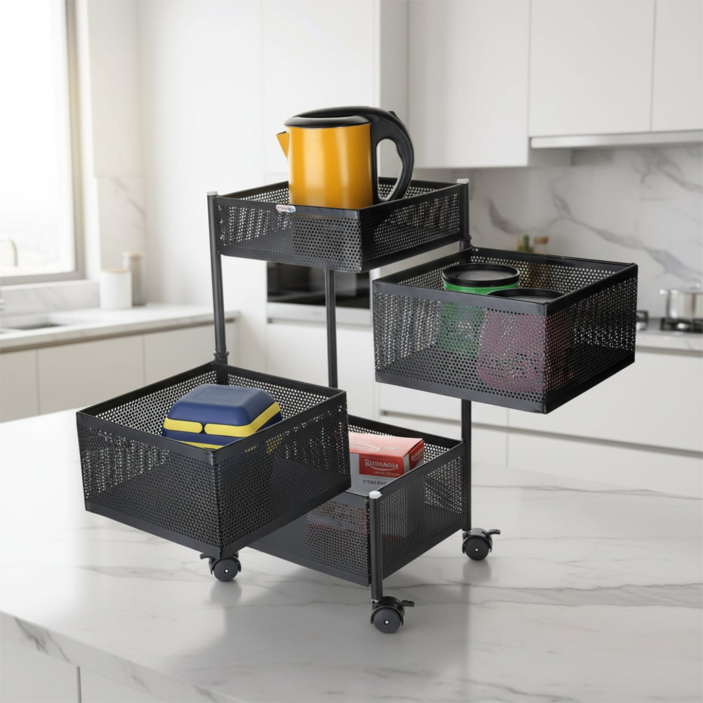 KitchKing 4 Layer Square Metal Mesh Storage Trolley with Wheels – Multi-Purpose Movable Organizer Rack (Black)