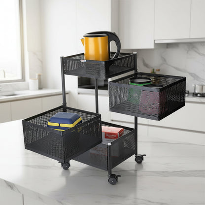 KitchKing 4 Layer Square Metal Mesh Storage Trolley with Wheels – Multi-Purpose Movable Organizer Rack (Black)
