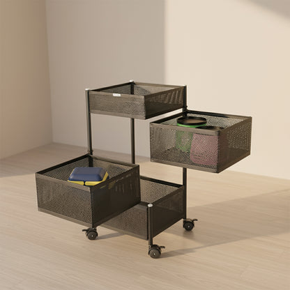 KitchKing 4 Layer Square Metal Mesh Storage Trolley with Wheels – Multi-Purpose Movable Organizer Rack (Black)